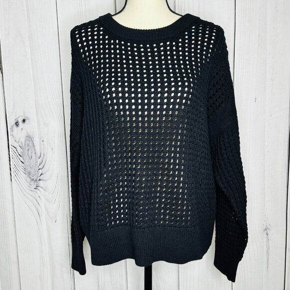 Old Navy Womens Sz XL Open-Knit 100% Cotton Airy Black Sweater Crochet Pullover - Picture 1 of 9